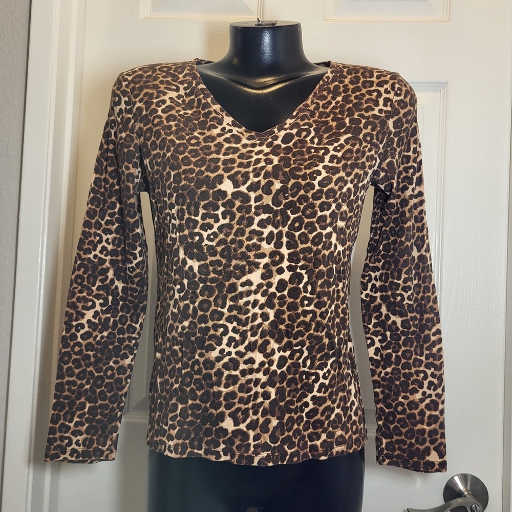 Charter Club 100% Pima Cotton Long Sleeve Leopard Design Top Sz Petite/Small